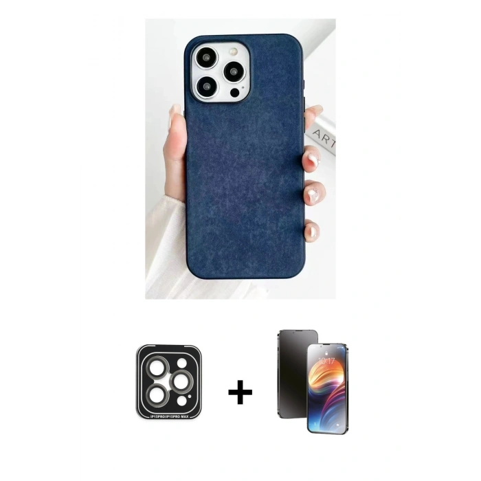 MARSİLYAN™- iPhone 15 Pro Max Kılıf Pusula Modern - Siyah 3D Antistatik Mat Seramik Nano Ekran Koruyucu + PVD Metal Kamera Lens - GI