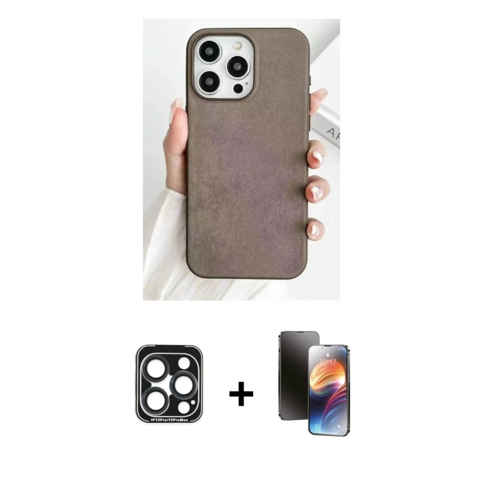 MARSİLYAN™- iPhone 15 Pro Max Kılıf Pusula Modern - Siyah 3D Antistatik Mat Seramik Nano Ekran Koruyucu + PVD Metal Kamera Lens - LT
