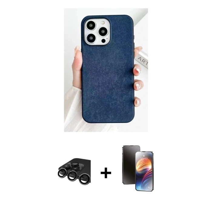 MARSİLYAN™- iPhone 15 Pro Max Kılıf Pusula Modern - Siyah 3D Antistatik Mat Seramik Nano Ekran Koruyucu + Raze Metal Kamera Lens - TMGI