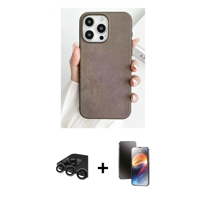 MARSİLYAN™- iPhone 15 Pro Max Kılıf Pusula Modern - Siyah 3D Antistatik Mat Seramik Nano Ekran Koruyucu + Raze Metal Kamera Lens - TMGI