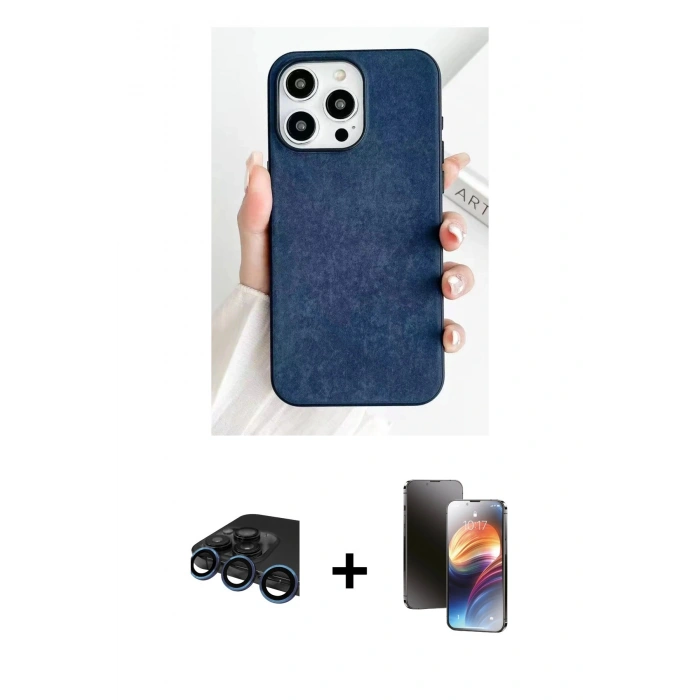 MARSİLYAN™- iPhone 15 Pro Max Kılıf Pusula Modern - Siyah 3D Antistatik Mat Seramik Nano Ekran Koruyucu + Raze Metal Kamera Lens - LT