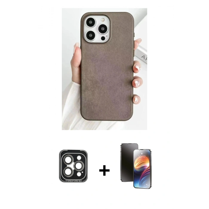 MARSİLYAN™- iPhone 15 Pro Max Kılıf Pusula Modern - Siyah 3D Antistatik Mat Seramik Nano Ekran Koruyucu + PVD Metal Kamera Lens - GI