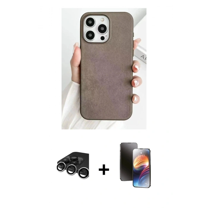 MARSİLYAN™- iPhone 15 Pro Max Kılıf Pusula Modern - Siyah 3D Antistatik Mat Seramik Nano Ekran Koruyucu + Raze Metal Kamera Lens - GS