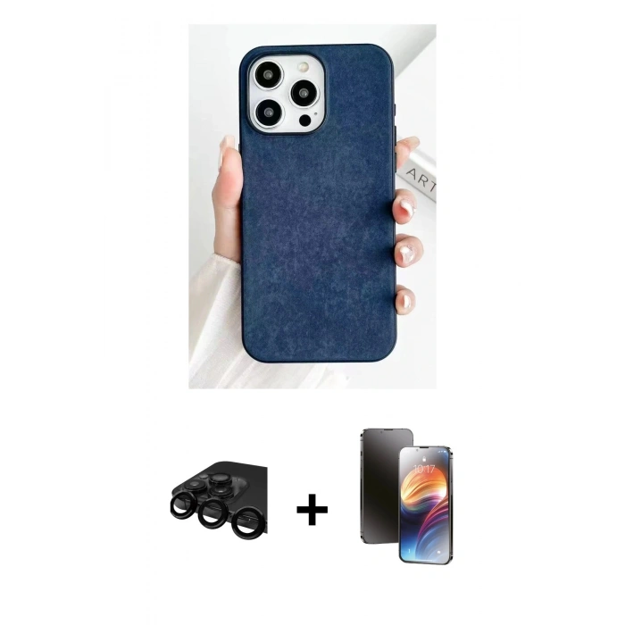 MARSİLYAN™- iPhone 15 Pro Max Kılıf Pusula Modern - Siyah 3D Antistatik Mat Seramik Nano Ekran Koruyucu + Raze Metal Kamera Lens - SH