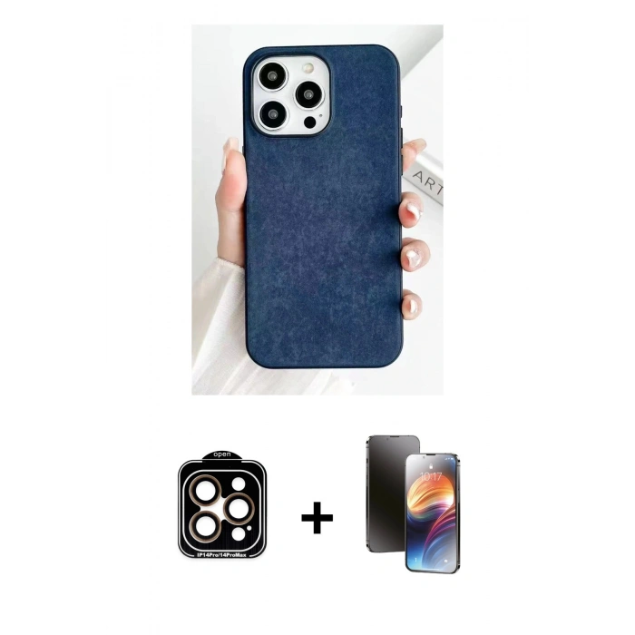 MARSİLYAN™- iPhone 15 Pro Max Kılıf Pusula Modern - Siyah 3D Antistatik Mat Seramik Nano Ekran Koruyucu + PVD Metal Kamera Lens - TU
