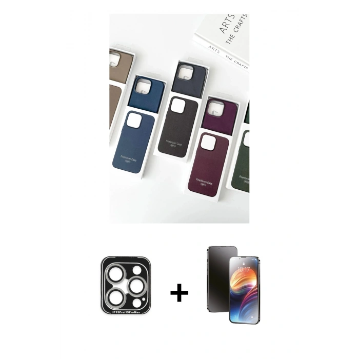 MARSİLYAN™- iPhone 15 Pro Max Kılıf Pusula Modern - Siyah 3D Antistatik Mat Seramik Nano Ekran Koruyucu + PVD Metal Kamera Lens - GS