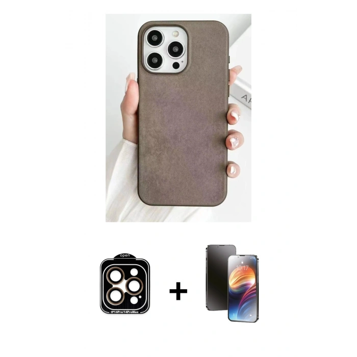 MARSİLYAN™- iPhone 15 Pro Max Kılıf Pusula Modern - Siyah 3D Antistatik Mat Seramik Nano Ekran Koruyucu + PVD Metal Kamera Lens - TU