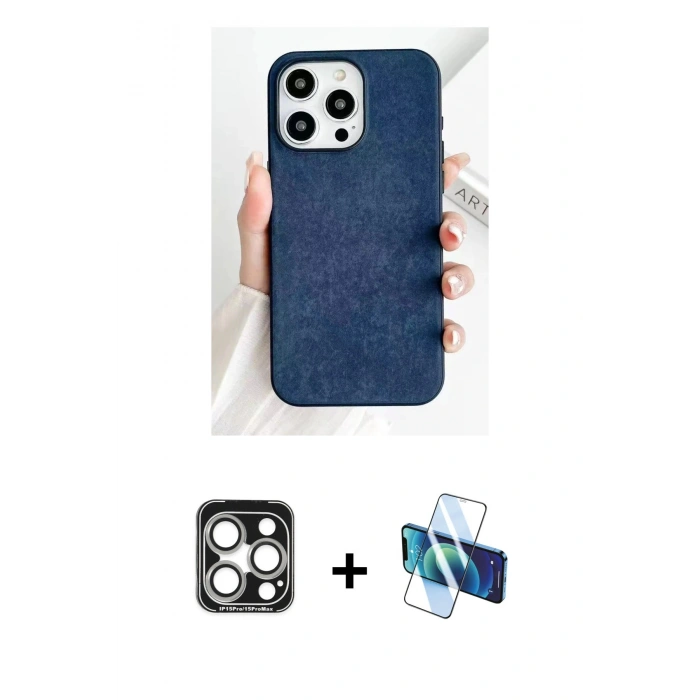MARSİLYAN™- iPhone 15 Pro Max Kılıf Pusula Modern - Siyah 3D Antistatik Seramik Nano Ekran Koruyucu + PVD Metal Kamera Lens - GS