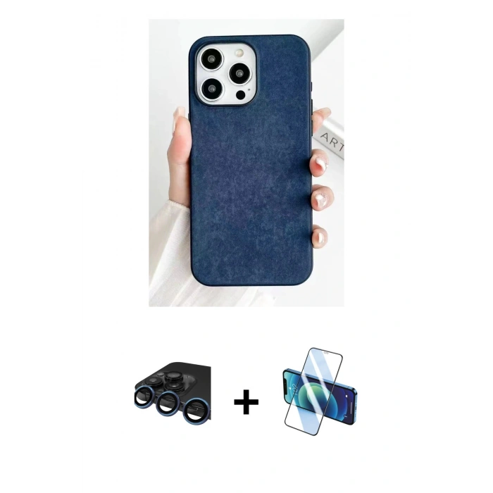 MARSİLYAN™- iPhone 15 Pro Max Kılıf Pusula Modern - Siyah 3D Antistatik Seramik Nano Ekran Koruyucu + Raze Metal Kamera Lens - LT