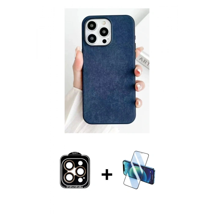 MARSİLYAN™- iPhone 15 Pro Max Kılıf Pusula Modern - Siyah 3D Antistatik Seramik Nano Ekran Koruyucu + Turuncu PVD Metal Kamera Lens
