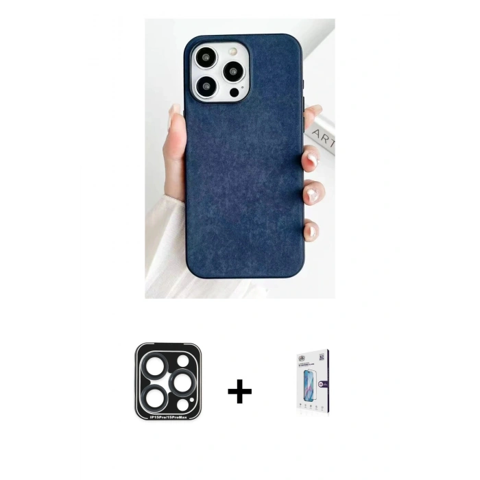 MARSİLYAN™- iPhone 15 Pro Max Kılıf Pusula Modern - Siyah Bilvis 0.18mm Plus Cam Ekran Koruyucu + PVD Metal Kamera Lens - LT