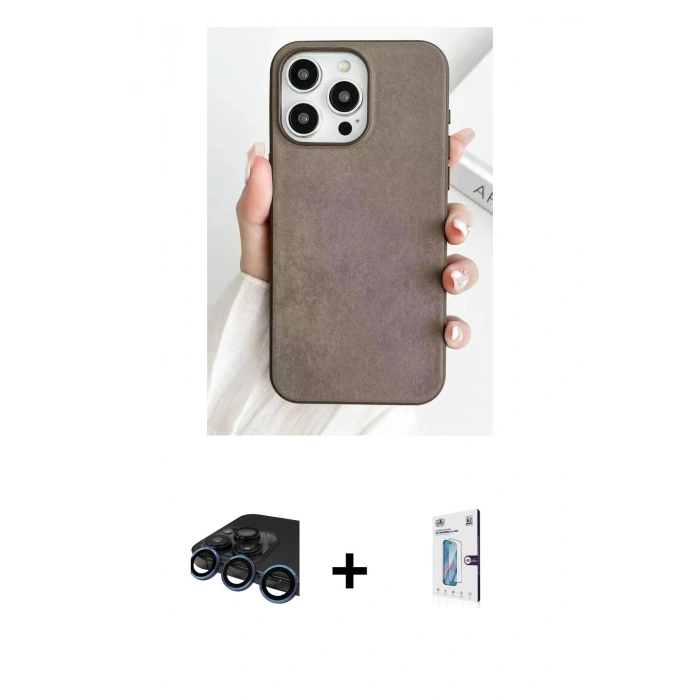 MARSİLYAN™- iPhone 15 Pro Max Kılıf Pusula Modern - Siyah Bilvis 0.18mm Plus Cam Ekran Koruyucu + Raze Metal Kamera Lens - LT