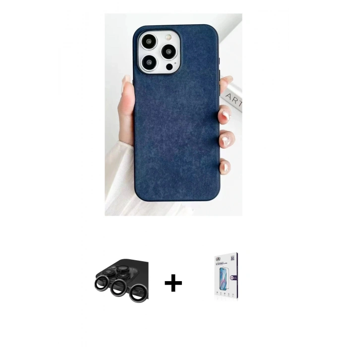MARSİLYAN™- iPhone 15 Pro Max Kılıf Pusula Modern - Siyah Bilvis 0.18mm Plus Cam Ekran Koruyucu + Raze Metal Kamera Lens - TMGI