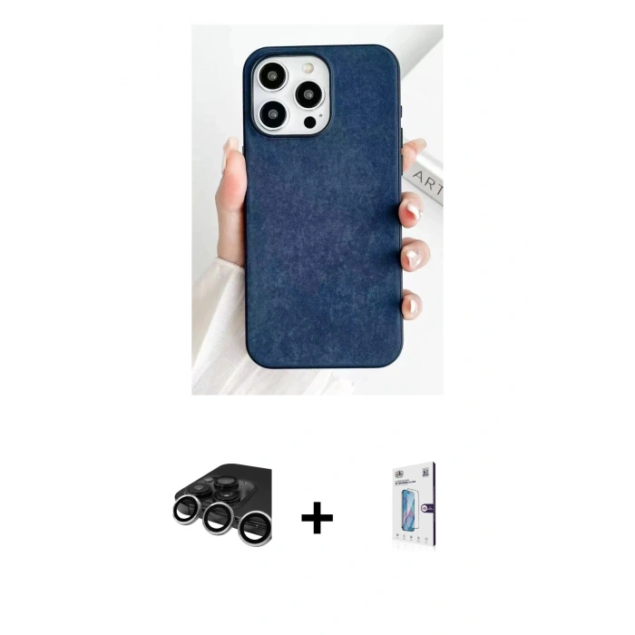 MARSİLYAN™- iPhone 15 Pro Max Kılıf Pusula Modern - Siyah Bilvis 0.18mm Plus Cam Ekran Koruyucu + Raze Metal Kamera Lens - GS