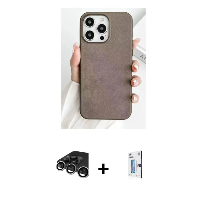 MARSİLYAN™- iPhone 15 Pro Max Kılıf Pusula Modern - Siyah Bilvis 0.18mm Plus Cam Ekran Koruyucu + Raze Metal Kamera Lens - GS