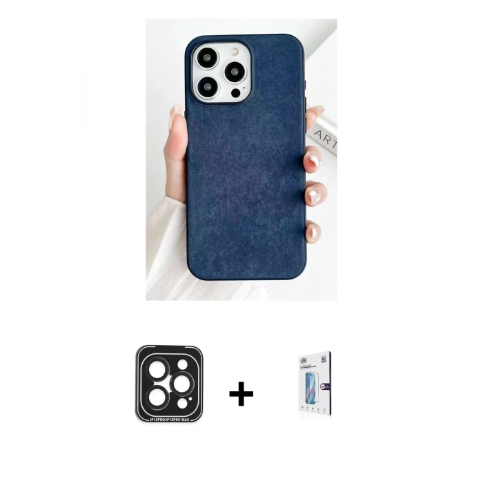 MARSİLYAN™- iPhone 15 Pro Max Kılıf Pusula Modern - Siyah Bilvis 0.18mm Plus Cam Ekran Koruyucu + PVD Metal Kamera Lens - SH