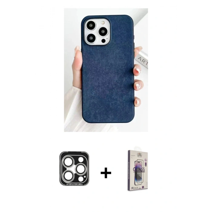 MARSİLYAN™- iPhone 15 Pro Max Kılıf Pusula Modern - Siyah Bilvis 3D Cam Ekran Koruyucu + PVD Metal Kamera Lens - GS