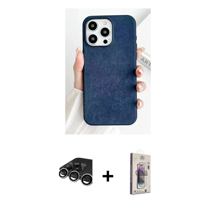 MARSİLYAN™- iPhone 15 Pro Max Kılıf Pusula Modern - Siyah Bilvis 3D Cam Ekran Koruyucu + Raze Metal Kamera Lens - GS