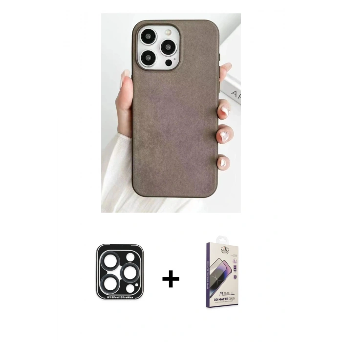 MARSİLYAN™- iPhone 15 Pro Max Kılıf Pusula Modern - Siyah Bilvis 3D Mat Cam Ekran Koruyucu + PVD Metal Kamera Lens - LT