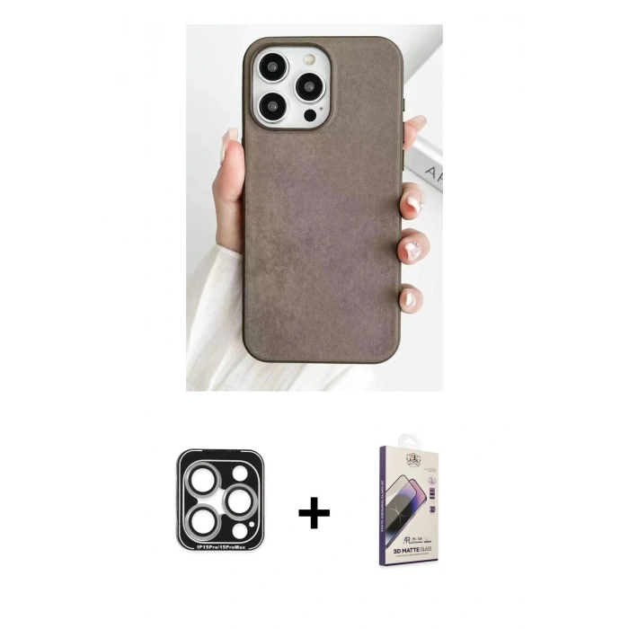 MARSİLYAN™- iPhone 15 Pro Max Kılıf Pusula Modern - Siyah Bilvis 3D Mat Cam Ekran Koruyucu + PVD Metal Kamera Lens - GS