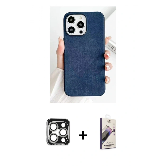 MARSİLYAN™- iPhone 15 Pro Max Kılıf Pusula Modern - Siyah Bilvis 3D Mat Cam Ekran Koruyucu + PVD Metal Kamera Lens - GS