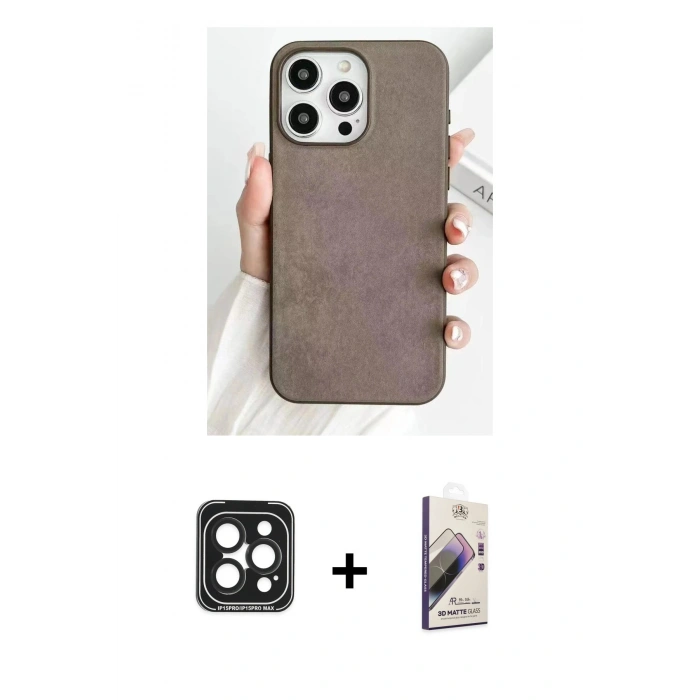 MARSİLYAN™- iPhone 15 Pro Max Kılıf Pusula Modern - Siyah Bilvis 3D Mat Cam Ekran Koruyucu + PVD Metal Kamera Lens - SH