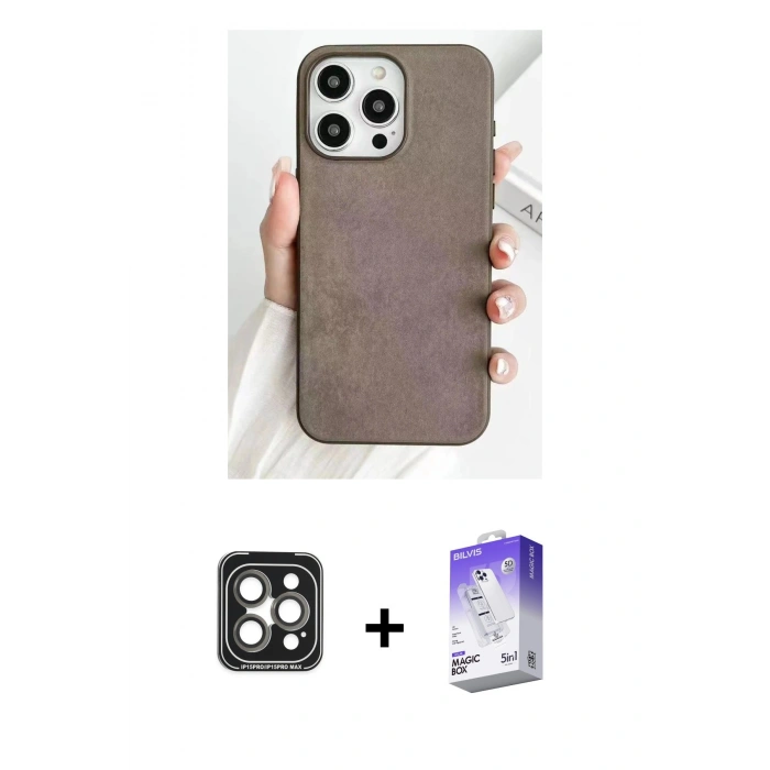 MARSİLYAN™- iPhone 15 Pro Max Kılıf Pusula Modern - Siyah Bilvis 5in1 3D Magic Cam Ekran Koruyucu + PVD Metal Kamera Lens - GI