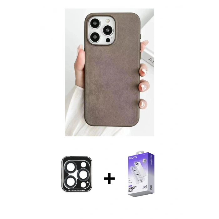 MARSİLYAN™- iPhone 15 Pro Max Kılıf Pusula Modern - Siyah Bilvis 5in1 3D Magic Cam Ekran Koruyucu + PVD Metal Kamera Lens - LT