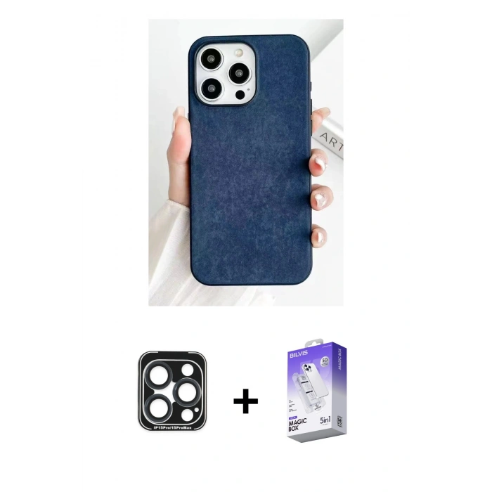 MARSİLYAN™- iPhone 15 Pro Max Kılıf Pusula Modern - Siyah Bilvis 5in1 3D Magic Cam Ekran Koruyucu + PVD Metal Kamera Lens - LT