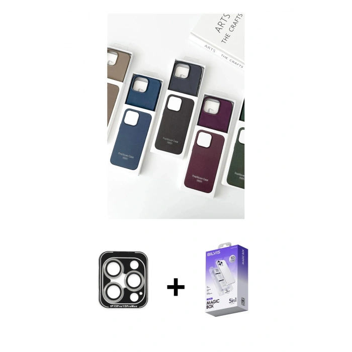 MARSİLYAN™- iPhone 15 Pro Max Kılıf Pusula Modern - Siyah Bilvis 5in1 3D Magic Cam Ekran Koruyucu + PVD Metal Kamera Lens - GS