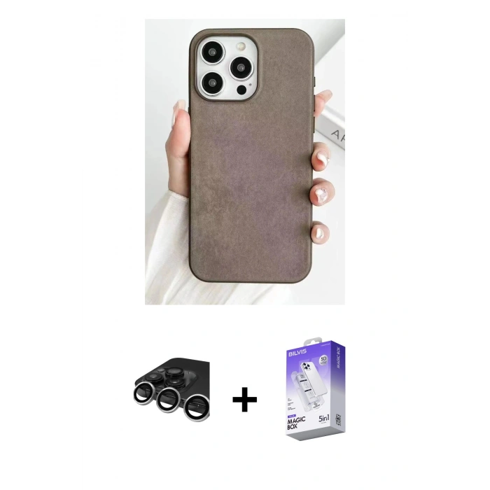 MARSİLYAN™- iPhone 15 Pro Max Kılıf Pusula Modern - Siyah Bilvis 5in1 3D Magic Cam Ekran Koruyucu + Raze Metal Kamera Lens - GS