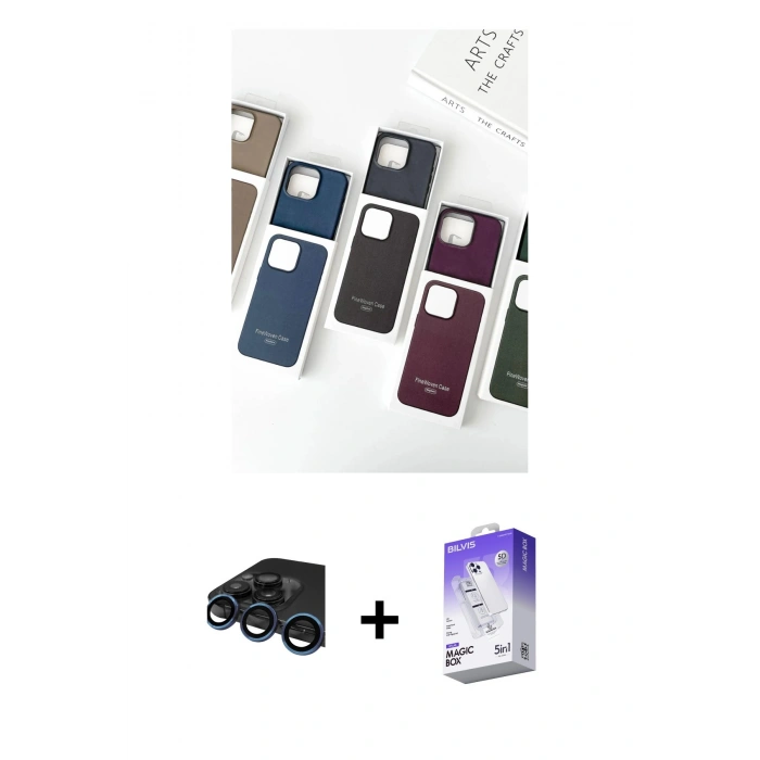MARSİLYAN™- iPhone 15 Pro Max Kılıf Pusula Modern - Siyah Bilvis 5in1 3D Magic Cam Ekran Koruyucu + Raze Metal Kamera Lens - LT