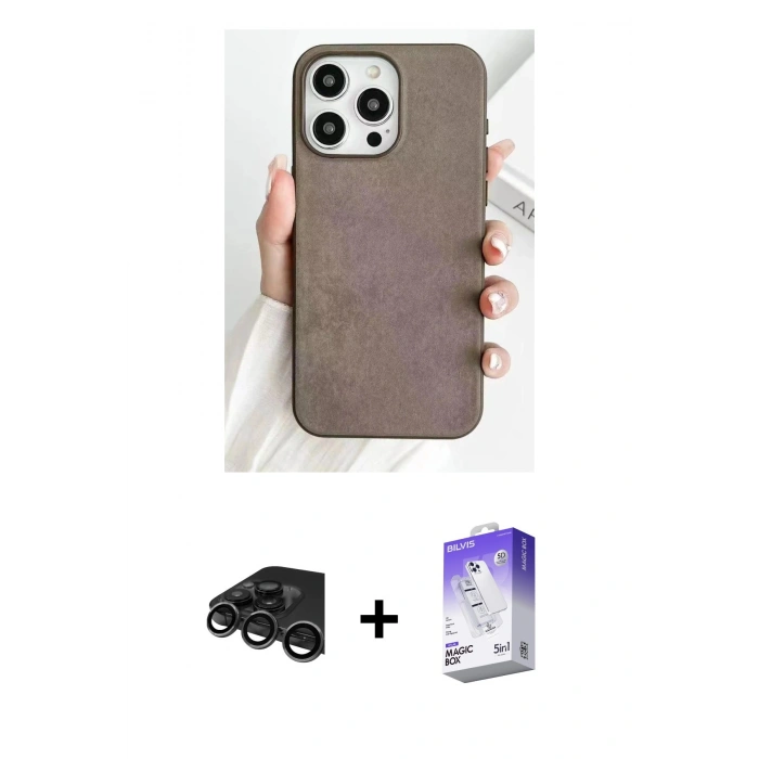 MARSİLYAN™- iPhone 15 Pro Max Kılıf Pusula Modern - Siyah Bilvis 5in1 3D Magic Cam Ekran Koruyucu + Raze Metal Kamera Lens - TMGI