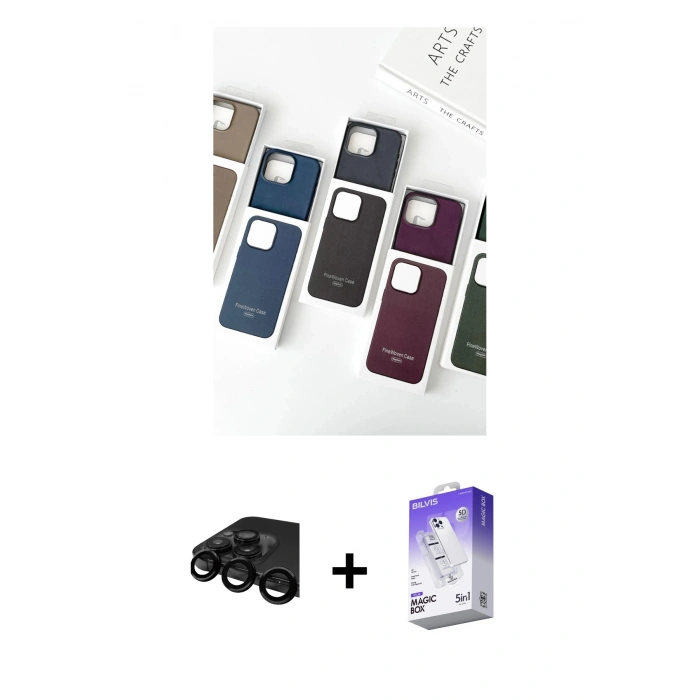 MARSİLYAN™- iPhone 15 Pro Max Kılıf Pusula Modern - Siyah Bilvis 5in1 3D Magic Cam Ekran Koruyucu + Raze Metal Kamera Lens - SH