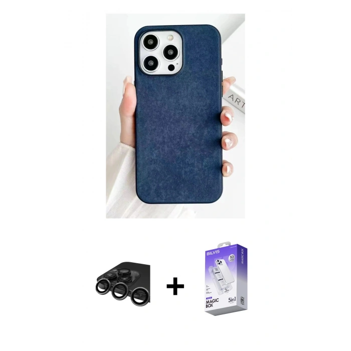 MARSİLYAN™- iPhone 15 Pro Max Kılıf Pusula Modern - Siyah Bilvis 5in1 3D Magic Cam Ekran Koruyucu + Raze Metal Kamera Lens - TMGI