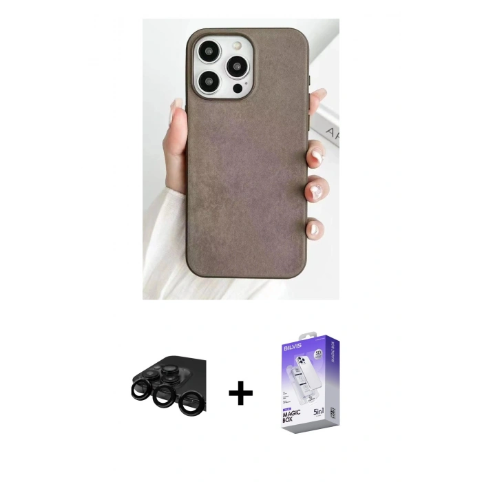 MARSİLYAN™- iPhone 15 Pro Max Kılıf Pusula Modern - Siyah Bilvis 5in1 3D Magic Cam Ekran Koruyucu + Raze Metal Kamera Lens - SH