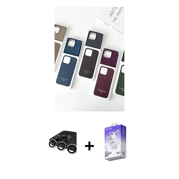 MARSİLYAN™- iPhone 15 Pro Max Kılıf Pusula Modern - Siyah Bilvis 5in1 3D Magic Cam Ekran Koruyucu + Raze Metal Kamera Lens - GS