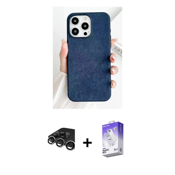 MARSİLYAN™- iPhone 15 Pro Max Kılıf Pusula Modern - Siyah Bilvis 5in1 3D Magic Cam Ekran Koruyucu + Raze Metal Kamera Lens - GS