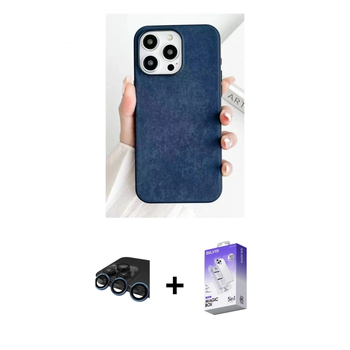 MARSİLYAN™- iPhone 15 Pro Max Kılıf Pusula Modern - Siyah Bilvis 5in1 3D Magic Cam Ekran Koruyucu + Raze Metal Kamera Lens - LT