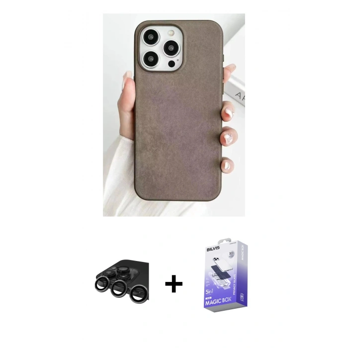 MARSİLYAN™- iPhone 15 Pro Max Kılıf Pusula Modern - Siyah Bilvis 5in1 5D Magic Hayalet Cam Ekran Koruyucu + Raze Metal Kamera Lens - TMGI