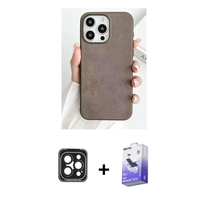 MARSİLYAN™- iPhone 15 Pro Max Kılıf Pusula Modern - Siyah Bilvis 5in1 5D Magic Hayalet Cam Ekran Koruyucu + Siyah PVD Metal Kamera Lens