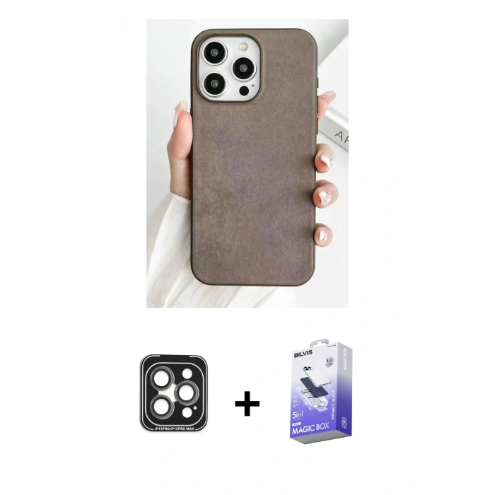 MARSİLYAN™- iPhone 15 Pro Max Kılıf Pusula Modern - Siyah Bilvis 5in1 5D Magic Hayalet Cam Ekran Koruyucu + PVD Metal Kamera Lens - GI