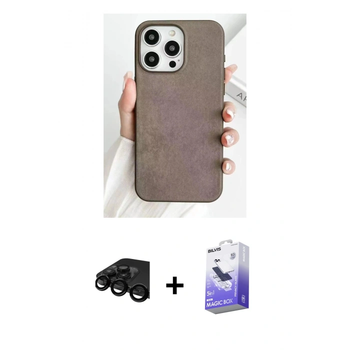 MARSİLYAN™- iPhone 15 Pro Max Kılıf Pusula Modern - Siyah Bilvis 5in1 5D Magic Hayalet Cam Ekran Koruyucu + Raze Metal Kamera Lens - SH