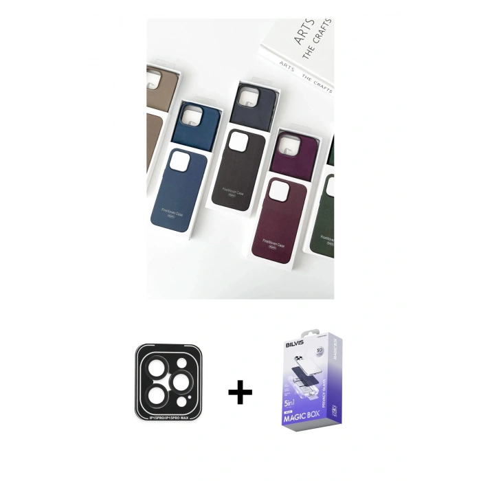 MARSİLYAN™- iPhone 15 Pro Max Kılıf Pusula Modern - Siyah Bilvis 5in1 5D Magic Hayalet Cam Ekran Koruyucu + Siyah PVD Metal Kamera Lens