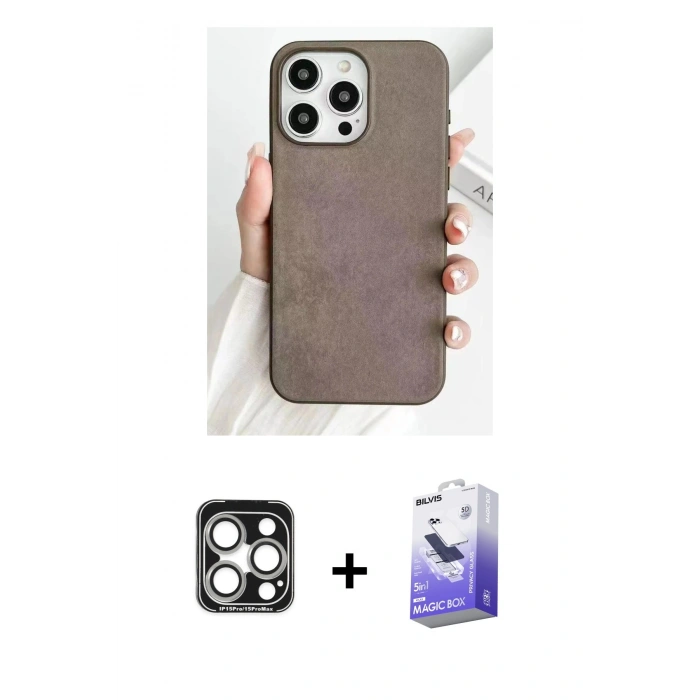 MARSİLYAN™- iPhone 15 Pro Max Kılıf Pusula Modern - Siyah Bilvis 5in1 5D Magic Hayalet Cam Ekran Koruyucu + PVD Metal Kamera Lens - GS