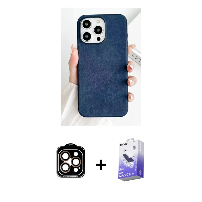 MARSİLYAN™- iPhone 15 Pro Max Kılıf Pusula Modern - Siyah Bilvis 5in1 5D Magic Hayalet Cam Ekran Koruyucu + PVD Metal Kamera Lens - TU
