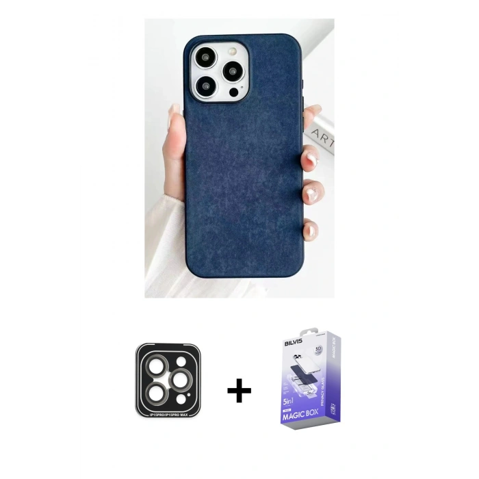 MARSİLYAN™- iPhone 15 Pro Max Kılıf Pusula Modern - Siyah Bilvis 5in1 5D Magic Hayalet Cam Ekran Koruyucu + PVD Metal Kamera Lens - GI