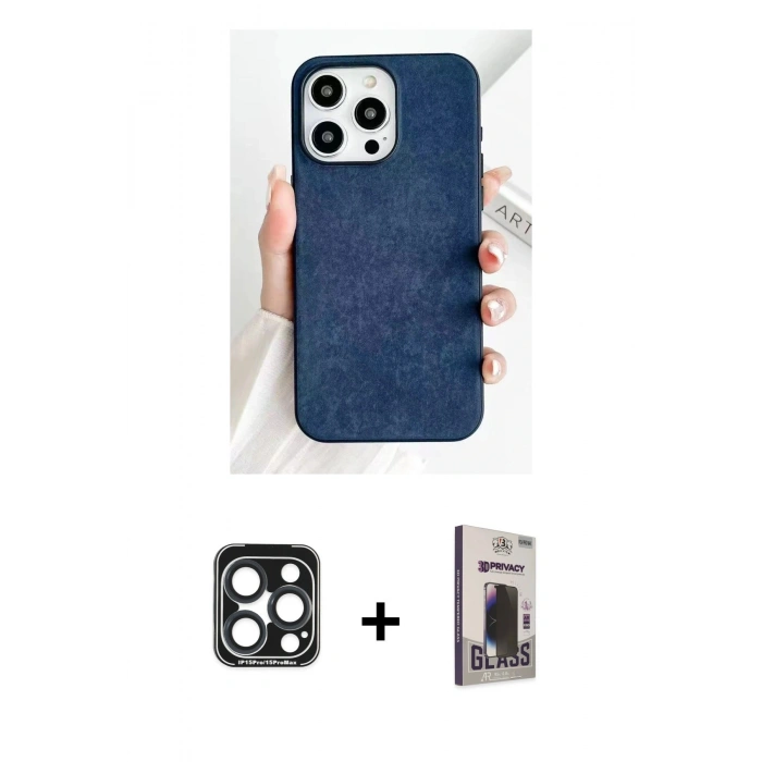 MARSİLYAN™- iPhone 15 Pro Max Kılıf Pusula Modern - Siyah Bilvis Hayalet Cam Ekran Koruyucu + PVD Metal Kamera Lens - LT