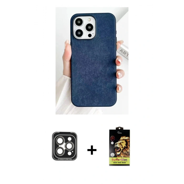 MARSİLYAN™- iPhone 15 Pro Max Kılıf Pusula Modern - Siyah Buffer Cam Ekran Koruyucu + PVD Metal Kamera Lens - GI