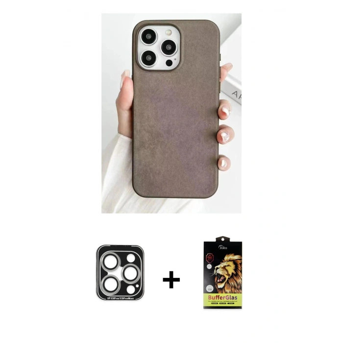 MARSİLYAN™- iPhone 15 Pro Max Kılıf Pusula Modern - Siyah Buffer Cam Ekran Koruyucu + PVD Metal Kamera Lens - GS